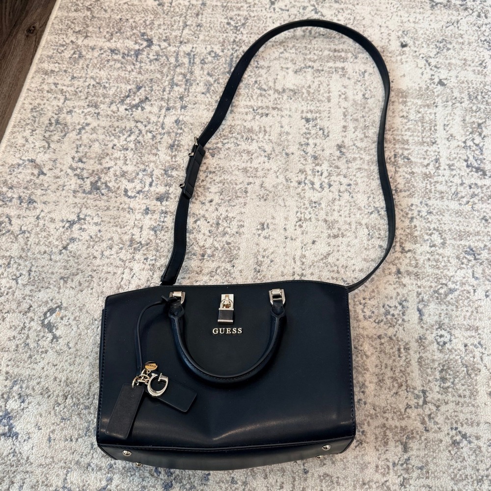 Guess Black Faux Leather Satchel Crossbody‎ Handbag Gold Hardware Lock Detail